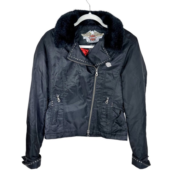 Harley Davidson Women’s Nylon Motorcycle Biker Jacket Black Cropped Small Fur - Picture 17 of 17